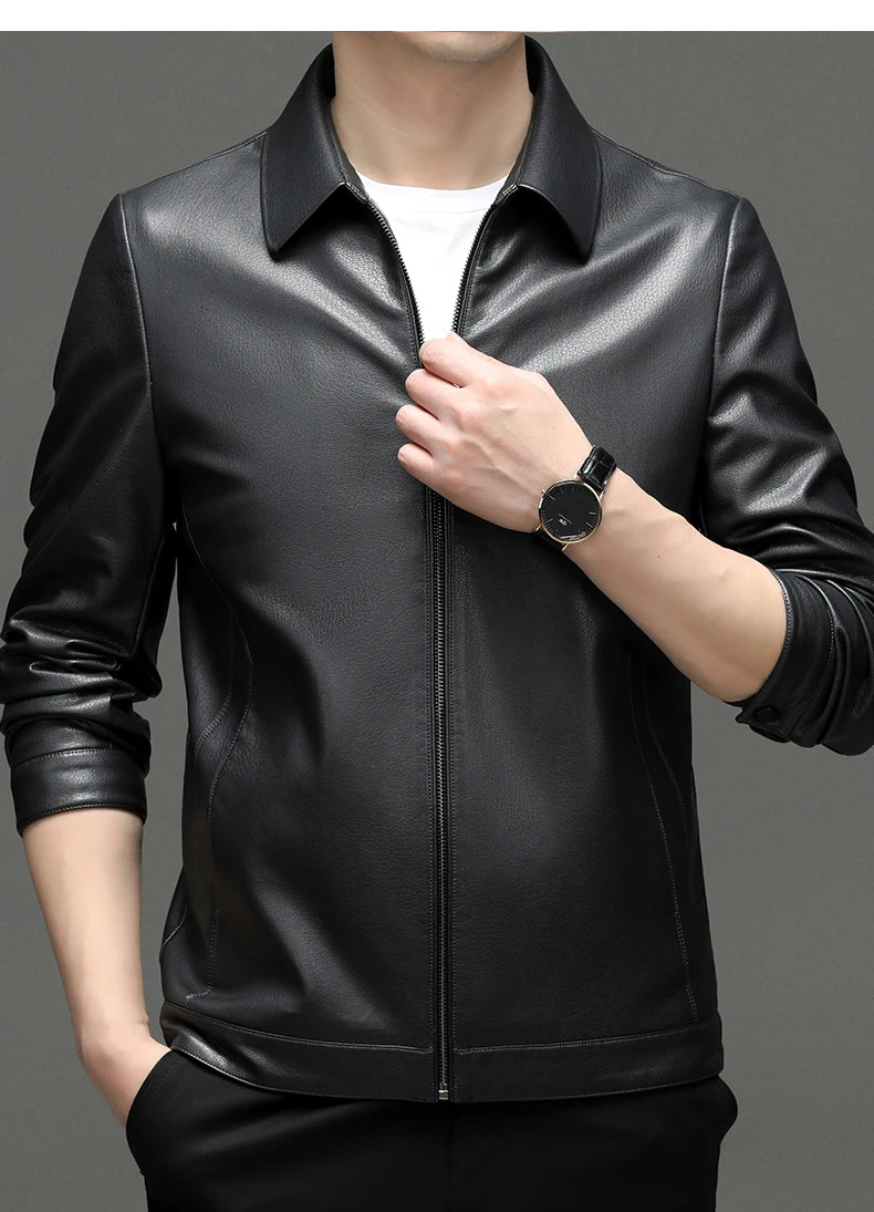 YN-2335 Spring and Autumn Men's Genuine Leather Polo Mock Neck Jacket Fashion Slim Sheepskin Coat Black Grey Husband Gift Youth - Novo Fusion