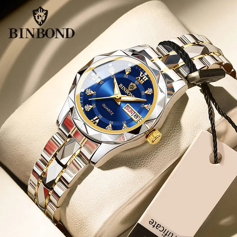 BINBOND B2521 Top Brand Luxury Fashion Business Womens Quartz Watches 30M Waterproof Week Date Clock Sport Womens Wristwatch - Novo Fusion