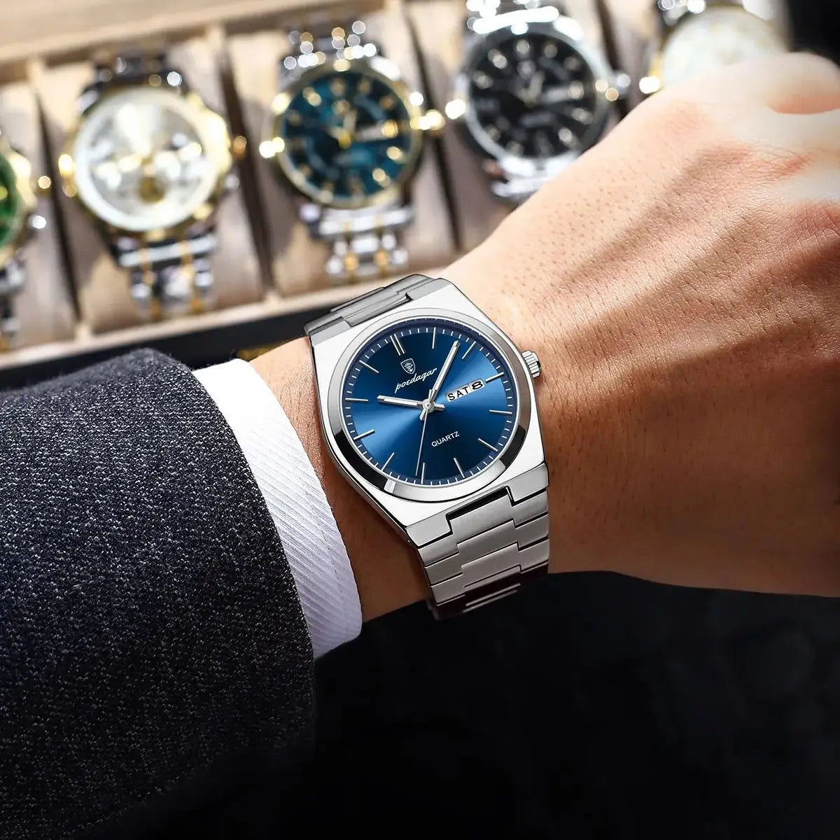 POEDAGAR Luxury Watch For Man Waterproof Luminous Date Week Stainless Steel Men Watch Casual Quartz Men's Watches Male Clock+box - Novo Fusion