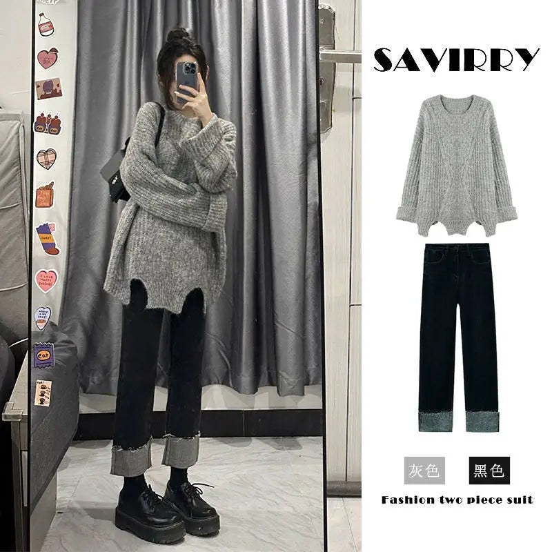 Women 2023 Autumn Winter New Suits O-neck Sweater Knit Pullover Tops Female Straight Denim Pants Ladies Two Piece Sets R603 - Novo Fusion