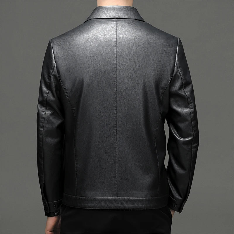 YN-2335 Spring and Autumn Men's Genuine Leather Polo Mock Neck Jacket Fashion Slim Sheepskin Coat Black Grey Husband Gift Youth - Novo Fusion