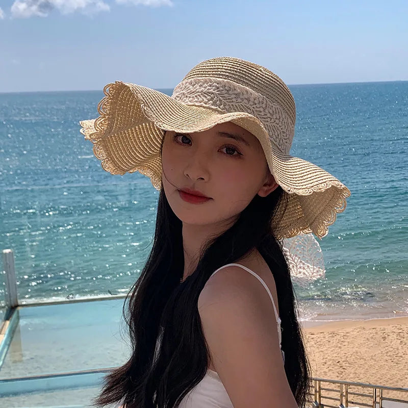 Women's Straw Hat Spring and Summer Lace Bow Large Brim Breathable Foldable Sunshade Caps Beach Cap Sweet Fisherman Hat S131 - Novo Fusion