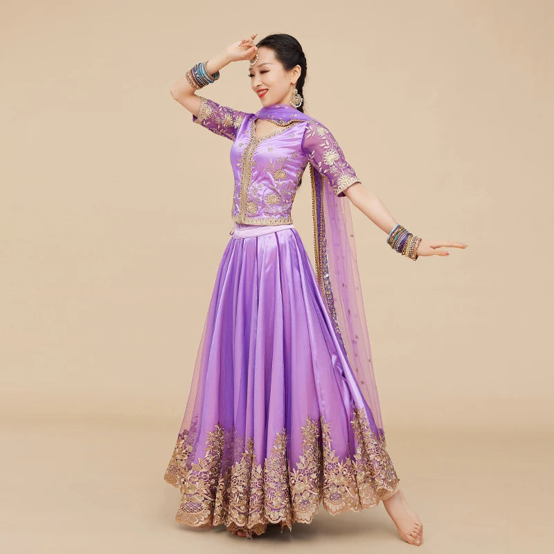 Yiman Exotic Indian Dance Gown Women's Dance Gown Temperament Wrapped Waist Show Thin Sari Top Large Swing Skirt Three Piece Set Novo Fusion - Chic Essentials for Life's Canvas
