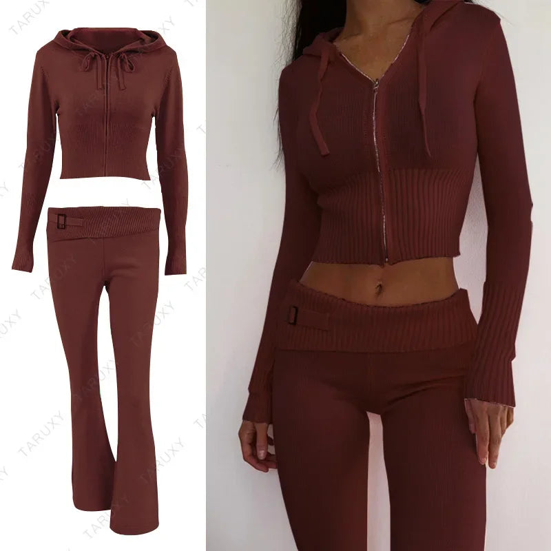 TARUXY Women Spring Outfits Casual Zipper Sweater Hoodie Set High Waist Flare Pants Suits Pink Knitted Womens Y2k Two Piece Set - Novo Fusion