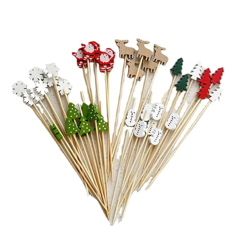 50pcs Christmas Fruit Stickers Santa Claus Snowman Xmas Tree Disposable Bamboo Sticks Merry Christma Cupcake Cake Decor 2024 - Novo Fusion