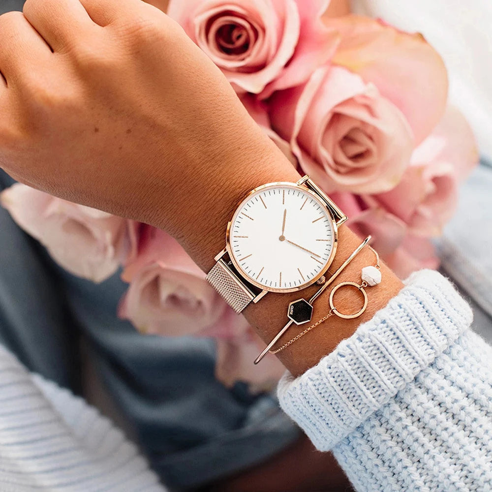 Luxury Rose Gold Watch Women Bracelet Top Brand Ladies Casual Quartz Clock Steel Women's Wristwatch Montre Femme Relogio - Novo Fusion