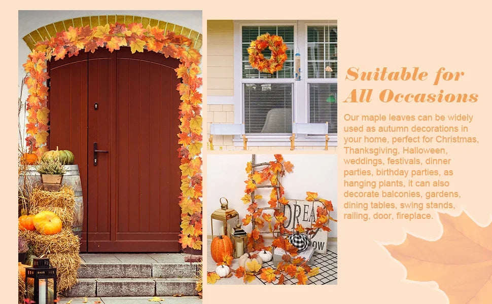 200cm Artificial Fall Maple Leaf Garland Autumn Leaves Fake Plant Garland for Festival Wedding Halloween Thanksgiving Room Decor - Novo Fusion
