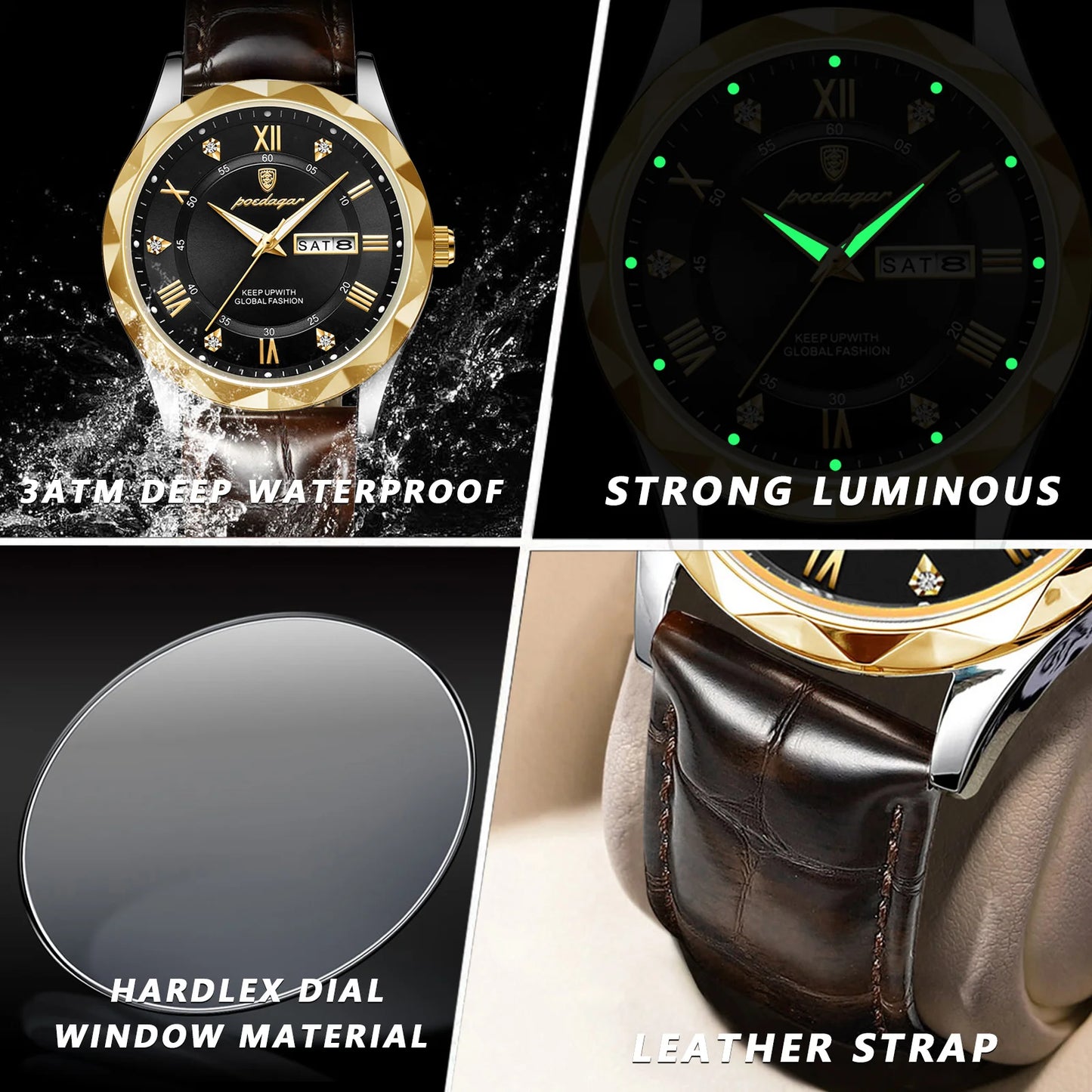 POEDAGAR Luxury Business Man Wristwatch Waterproof Luminous Date Week Men Watch For Men Quartz Clock Leather Men's Watches reloj - Novo Fusion