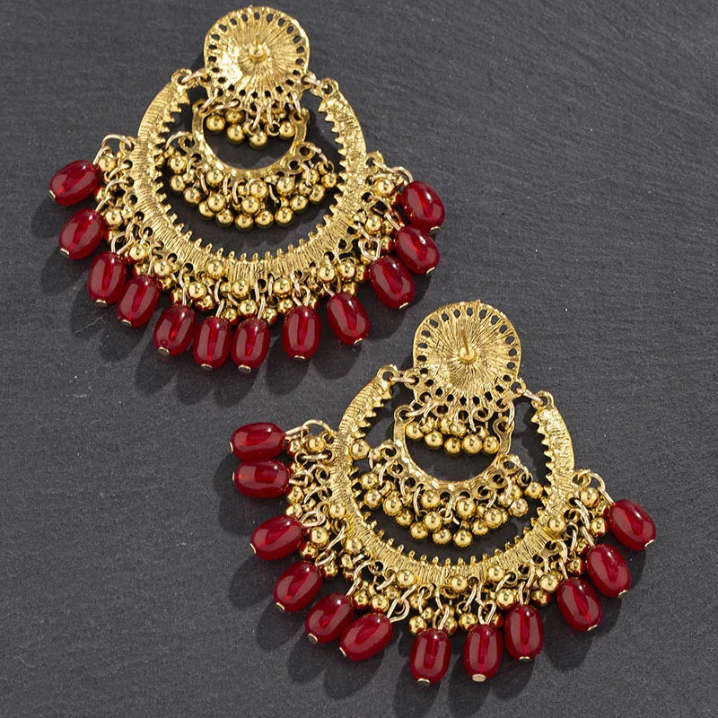 Retro Women Indian Earrings Jhumka Jewelry Bohemian Ethnic Hollow Earrings Vintage Red Crystal Beads Bell Tassel Earrings Female - Novo Fusion