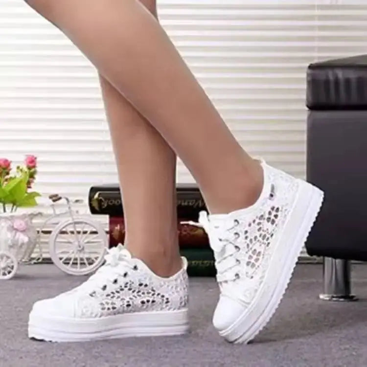 Women Shoes 2022 Fashion Summer Casual White Shoes Cutouts Lace Canvas Hollow Breathable Platform Flat Shoes Woman Sneakers - Novo Fusion