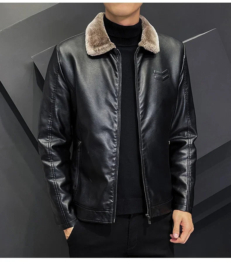 Warm Coat Brand Leather jackets Men's Luxury Clothing Vintage Brown Leather Jacket Men's Winter Faux Fur Collar Windproof - Novo Fusion