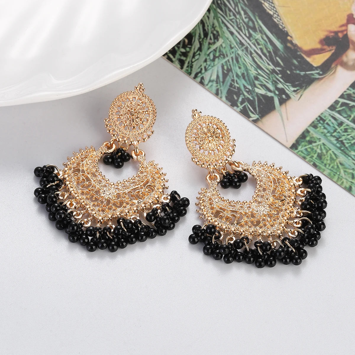 Boho Vintage Gold Color Heart Shape Dangle Earrings for Women Ethnic Indian Jhumka Earrings Flower Pearl Tassel Wedding Jewelry Novo Fusion - Chic Essentials for Life's Canvas