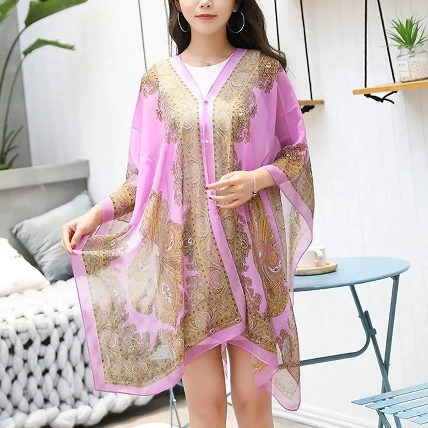 Woman Chiffon Blouse Fashion Women Scarf Shawl Printed Sunscreen Sun Protection Shawl Beach Shawl Soft Loose Bikini Cover Tops - Novo Fusion