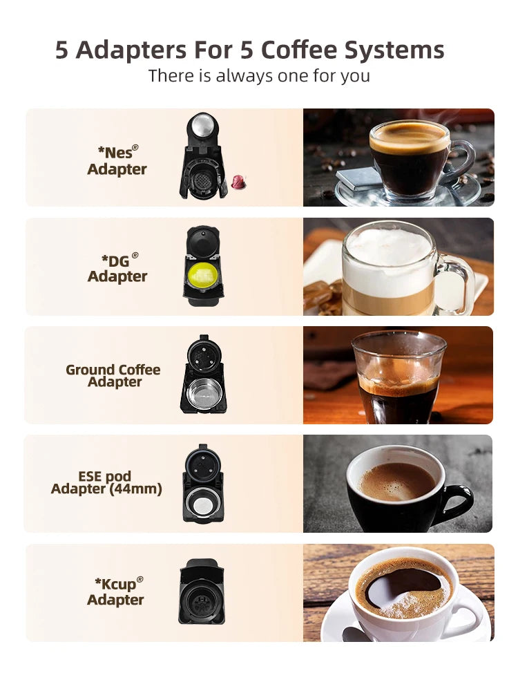 HiBREW 5 in 1 Multiple Capsule Coffee Machine Hot/Cold DG Cappuccino Nes Small Capsule ESE Pod Ground Coffee Cafeteria 19Bar H2B - Novo Fusion