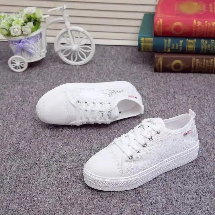 Women Shoes 2022 Fashion Summer Casual White Shoes Cutouts Lace Canvas Hollow Breathable Platform Flat Shoes Woman Sneakers - Novo Fusion