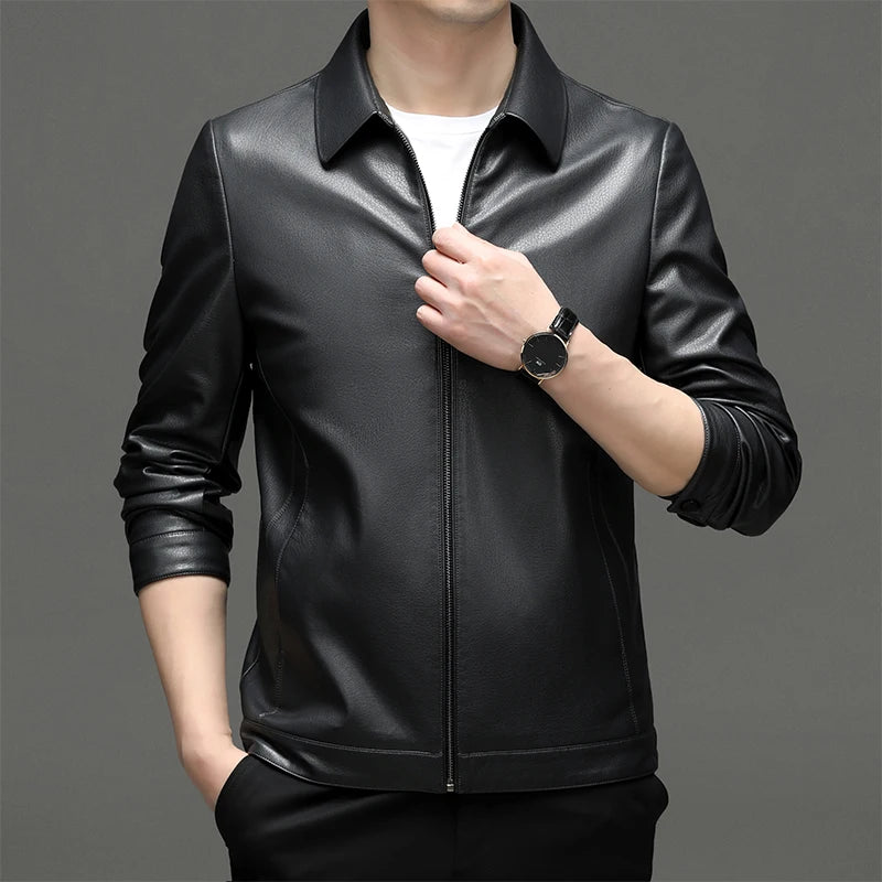YN-2335 Spring and Autumn Men's Genuine Leather Polo Mock Neck Jacket Fashion Slim Sheepskin Coat Black Grey Husband Gift Youth - Novo Fusion
