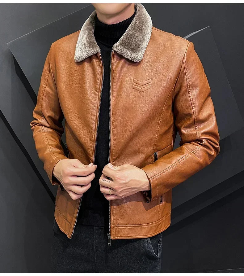 Warm Coat Brand Leather jackets Men's Luxury Clothing Vintage Brown Leather Jacket Men's Winter Faux Fur Collar Windproof - Novo Fusion