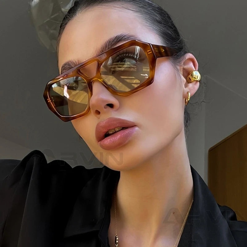 Vintage Square Sunglasses for Women Men Thick Frame Double Bridges Eyewear Female Fashion Chic Polygon Sun Glasses Leopard Blue - Novo Fusion
