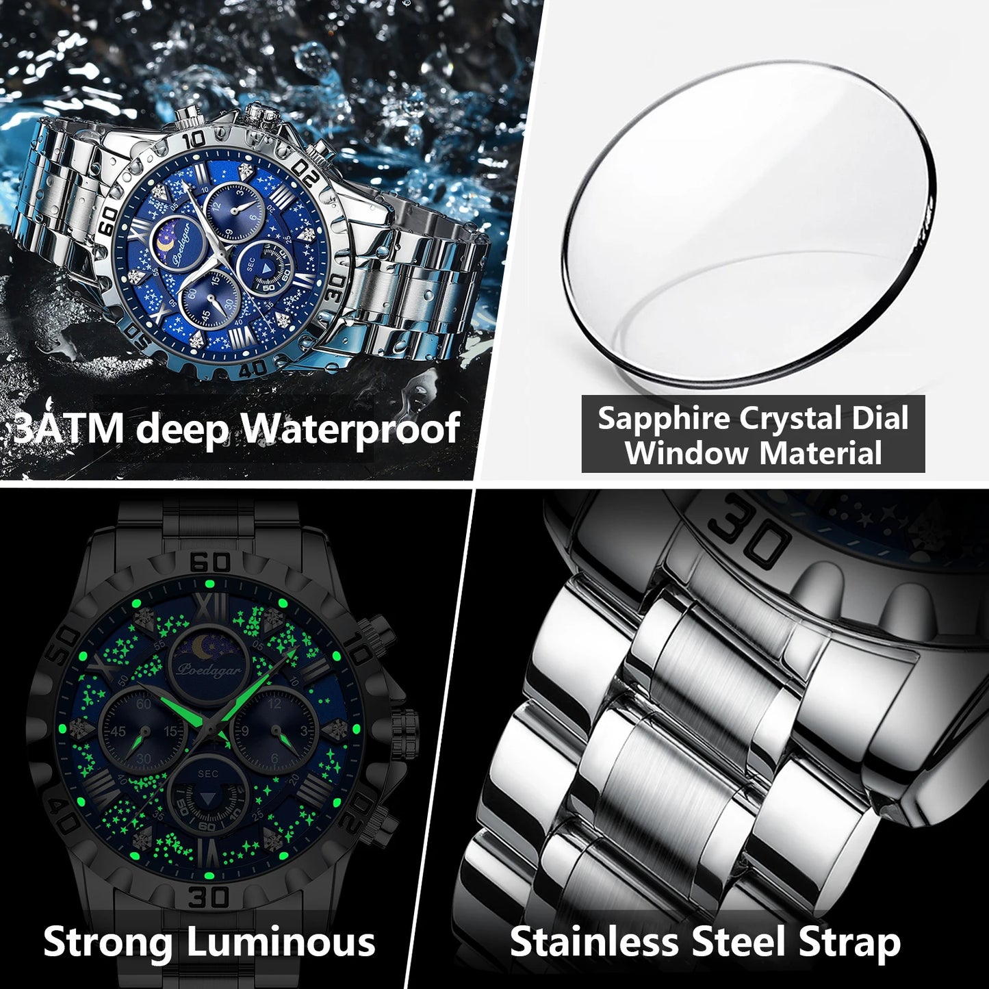 POEDAGAR Luxury Watch for Man Quartz Sports Men Watch Waterproof Luminous Stainless Steel Chronograph Men's Watches Clock Reloj - Novo Fusion