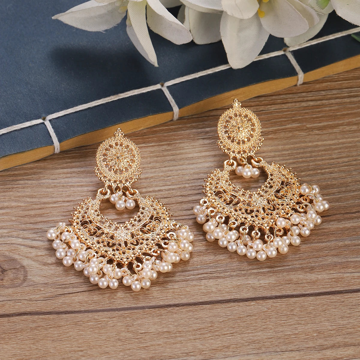 Boho Vintage Gold Color Heart Shape Dangle Earrings for Women Ethnic Indian Jhumka Earrings Flower Pearl Tassel Wedding Jewelry Novo Fusion - Chic Essentials for Life's Canvas