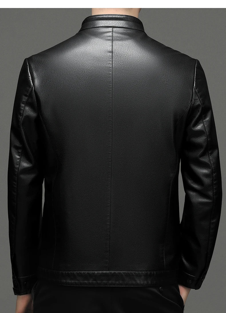 YN-2335 Spring and Autumn Men's Genuine Leather Polo Mock Neck Jacket Fashion Slim Sheepskin Coat Black Grey Husband Gift Youth - Novo Fusion