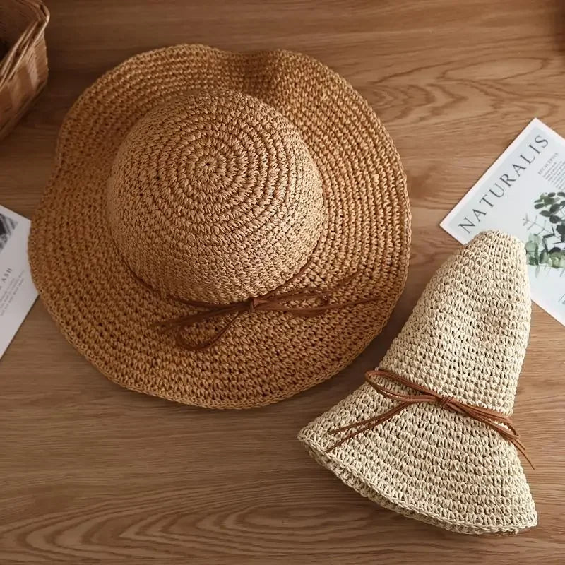 Beach Hats Adults Female Sunscreen Cap Simple Women Straw Hats Summer Sun Hats for Women Lady Folding Bow Travel Caps Female - Novo Fusion