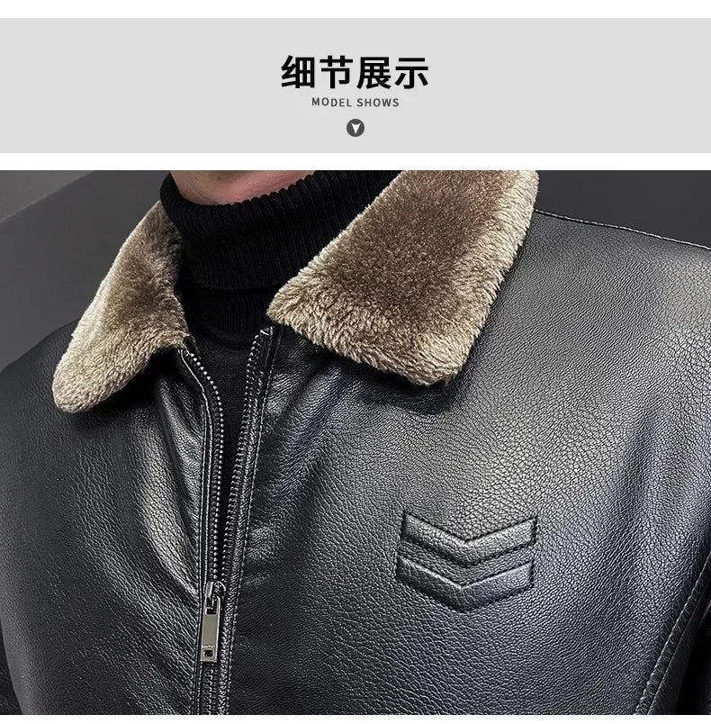 Warm Coat Brand Leather jackets Men's Luxury Clothing Vintage Brown Leather Jacket Men's Winter Faux Fur Collar Windproof - Novo Fusion