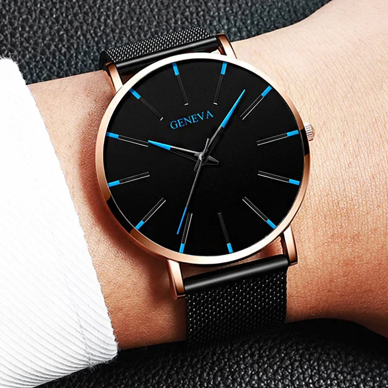 2024 New Mens Fashion Watches Luxury Ultra Thin Stainless Steel Mesh Strap Quartz Watch Rose Gold Men Watch Gifts Reloj Hombre - Novo Fusion
