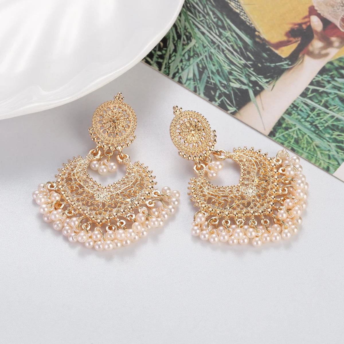 Boho Vintage Gold Color Heart Shape Dangle Earrings for Women Ethnic Indian Jhumka Earrings Flower Pearl Tassel Wedding Jewelry Novo Fusion - Chic Essentials for Life's Canvas