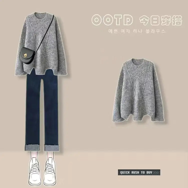 Women 2023 Autumn Winter New Suits O-neck Sweater Knit Pullover Tops Female Straight Denim Pants Ladies Two Piece Sets R603 - Novo Fusion