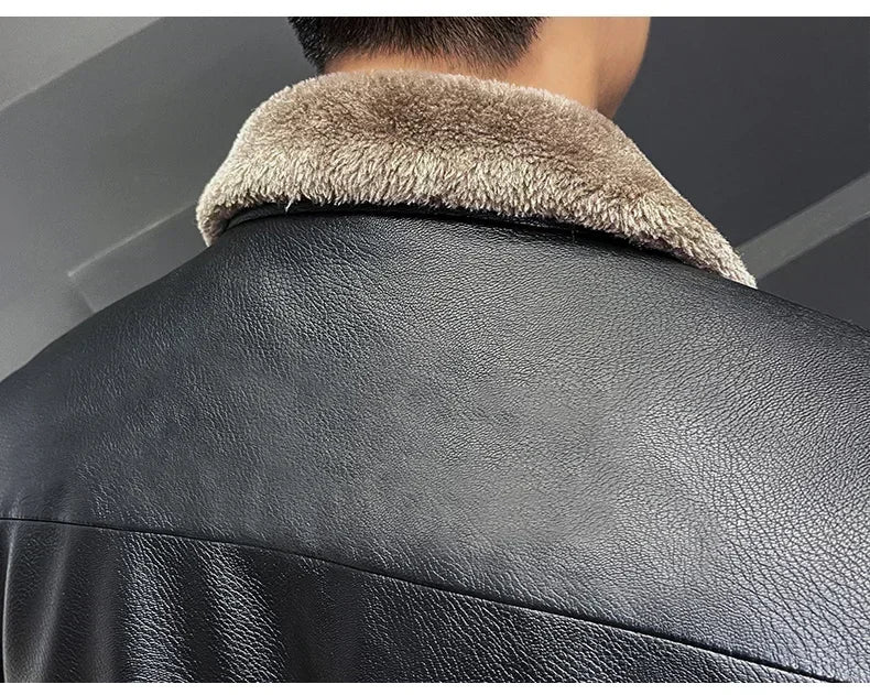 Warm Coat Brand Leather jackets Men's Luxury Clothing Vintage Brown Leather Jacket Men's Winter Faux Fur Collar Windproof - Novo Fusion