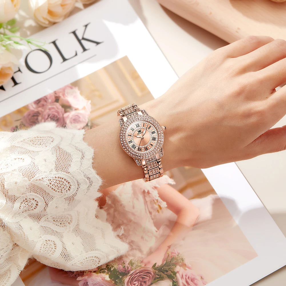 OLEVS Original Diamond Watch for Women Fashion Elegant Stainless Steel Waterproof Quartz Wristwatch Luxury Ladies Dress Watches - Novo Fusion