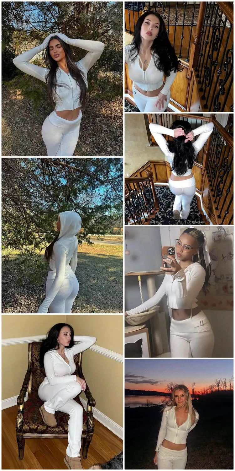 TARUXY Women Spring Outfits Casual Zipper Sweater Hoodie Set High Waist Flare Pants Suits Pink Knitted Womens Y2k Two Piece Set - Novo Fusion