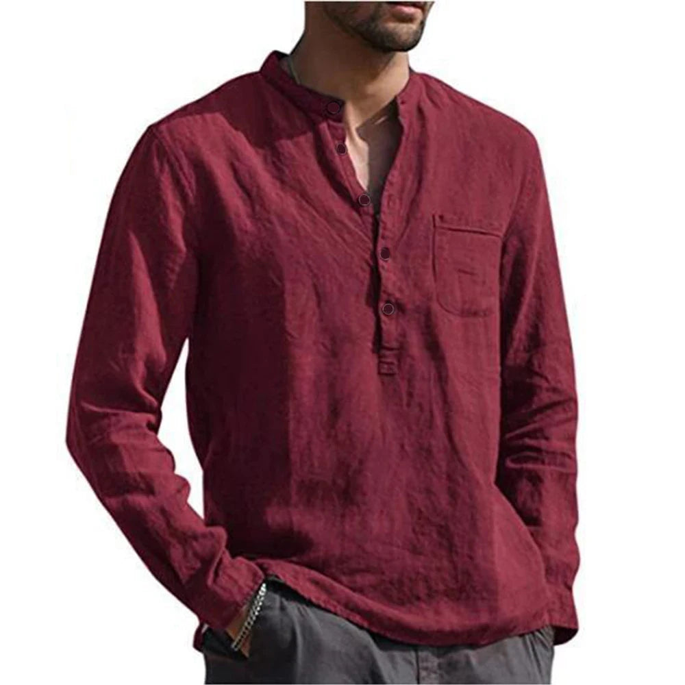 Cotton Linen Hot Sale Men's Long-Sleeved Shirts Summer Solid Color Stand-Up Collar Casual Beach Style Plus Size - Novo Fusion