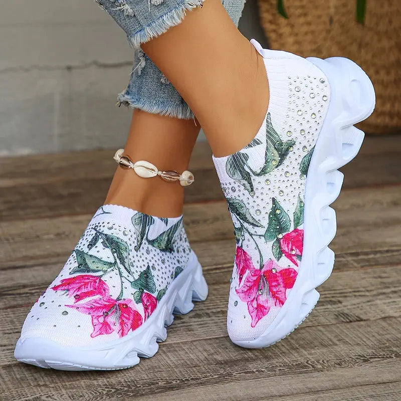 Lucyever Plus Size Printed Platform Sneakers Woman Fashion Shining Crystals Flat Shoes for Women Breathable Mesh Walking Shoes - Novo Fusion