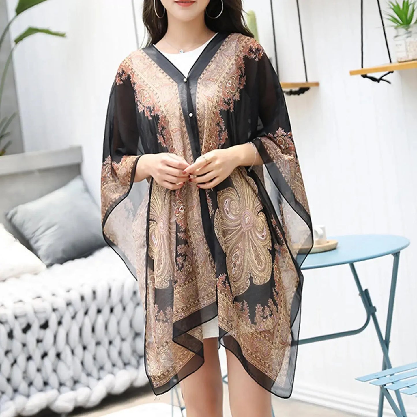 Woman Chiffon Blouse Fashion Women Scarf Shawl Printed Sunscreen Sun Protection Shawl Beach Shawl Soft Loose Bikini Cover Tops - Novo Fusion