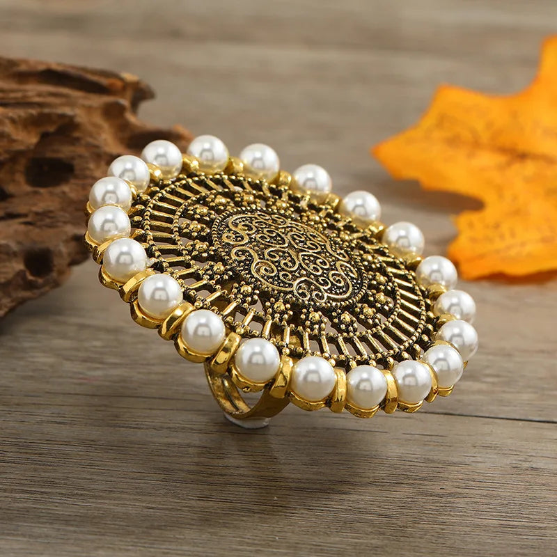 Indian Big Round Pearl Rings for Women Boho Oxidized Metal Adjustable Midi Finger Rings Anillos Stylish Female Party Jewelry Novo Fusion - Chic Essentials for Life's Canvas