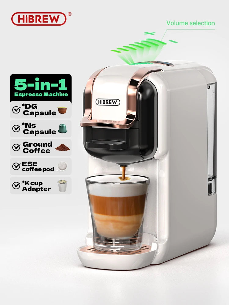 HiBREW 5 in 1 Multiple Capsule Coffee Machine Hot/Cold DG Cappuccino Nes Small Capsule ESE Pod Ground Coffee Cafeteria 19Bar H2B - Novo Fusion