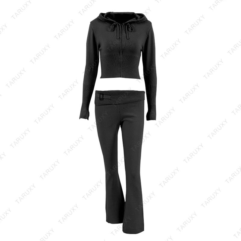 TARUXY Women Spring Outfits Casual Zipper Sweater Hoodie Set High Waist Flare Pants Suits Pink Knitted Womens Y2k Two Piece Set - Novo Fusion