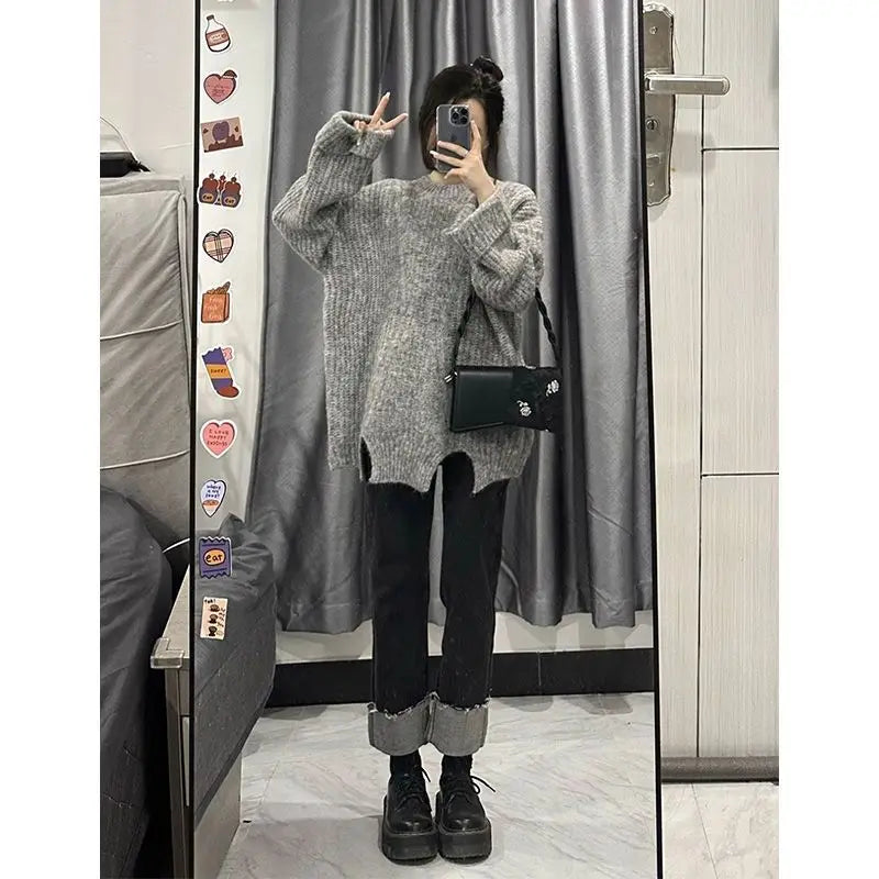 Women 2023 Autumn Winter New Suits O-neck Sweater Knit Pullover Tops Female Straight Denim Pants Ladies Two Piece Sets R603 - Novo Fusion