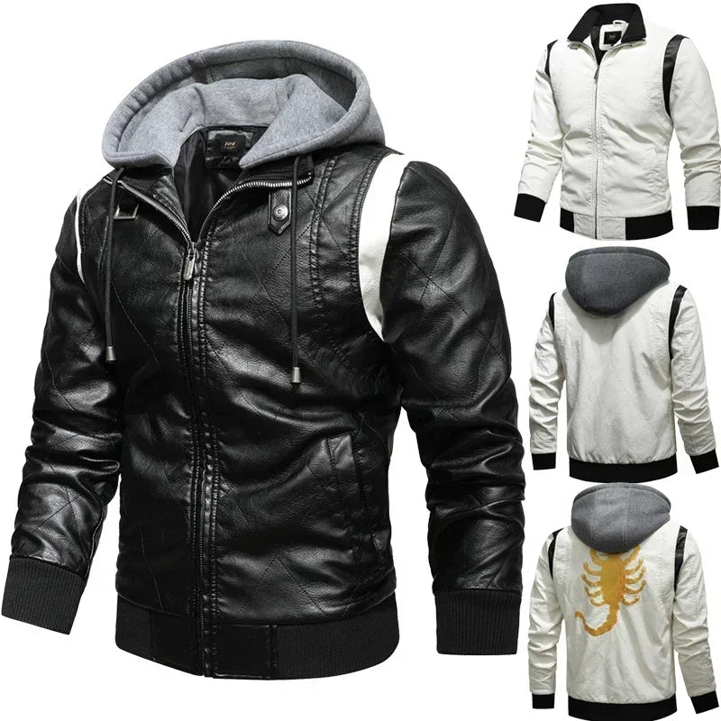 Autumn Winter Bomber Leather Jacket Men Scorpion Embroidery Hooded Jacket PU Leather Motorcycle Mens Ryan Gosling Drive Jacket - Novo Fusion