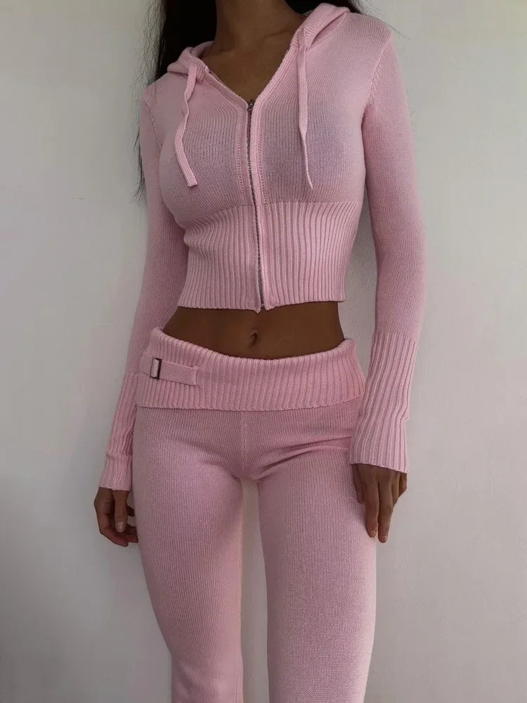 TARUXY Women Spring Outfits Casual Zipper Sweater Hoodie Set High Waist Flare Pants Suits Pink Knitted Womens Y2k Two Piece Set - Novo Fusion