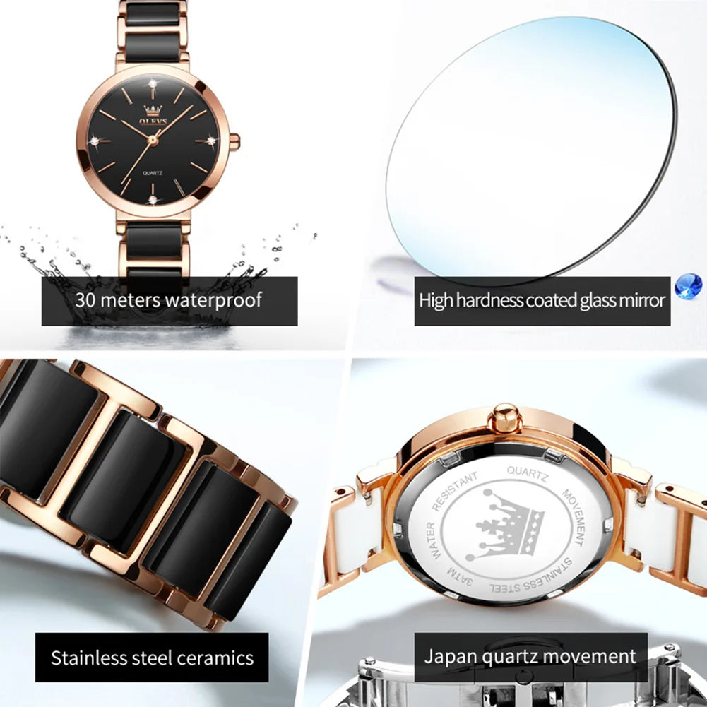 OLEVS Fashion Elegant Watch for Women Japanese Movement Ceramics Strap Luxury Ladies Bracelet Quartz Watches Gifts Reloj Mujer - Novo Fusion