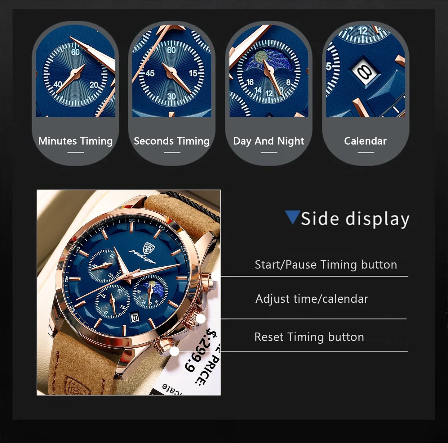 POEDAGAR Men Quartz Watch Luxury Sports Waterproof Chronograph Luminous Date Man Wristwatch Business Leather Men's Watches Clock - Novo Fusion