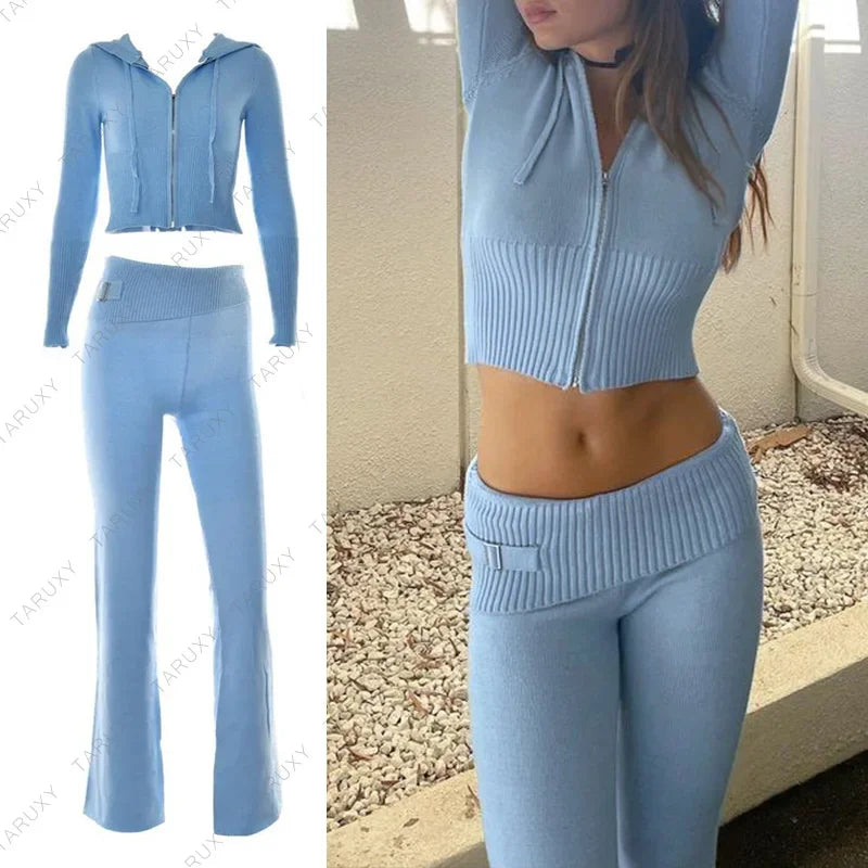 TARUXY Women Spring Outfits Casual Zipper Sweater Hoodie Set High Waist Flare Pants Suits Pink Knitted Womens Y2k Two Piece Set - Novo Fusion