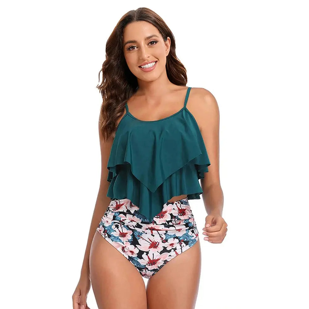 8 Colors Women Ruffled Tankini Set Padded Top With Adjustable Shoulder Straps Elastic Slim Knitted High Waisted Beachwear 2024 - Novo Fusion