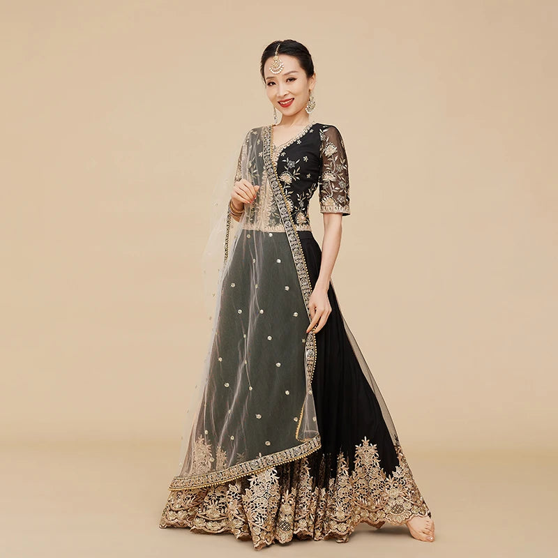 Yiman Exotic Indian Dance Gown Women's Dance Gown Temperament Wrapped Waist Show Thin Sari Top Large Swing Skirt Three Piece Set Novo Fusion - Chic Essentials for Life's Canvas
