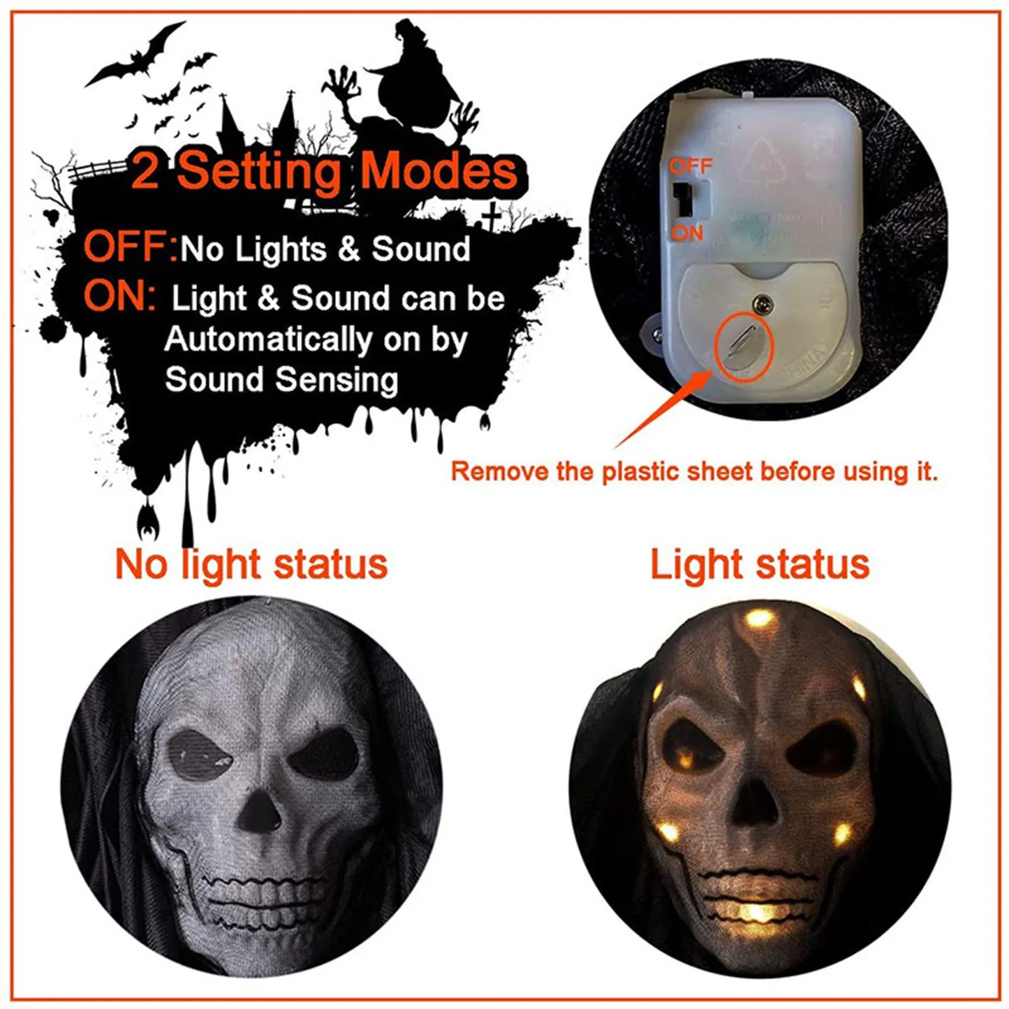 Halloween Hanging Decoration Scary Horror Atmosphere Motion Sound Activated Luminous Mask Haunted House Yard House Flying Props