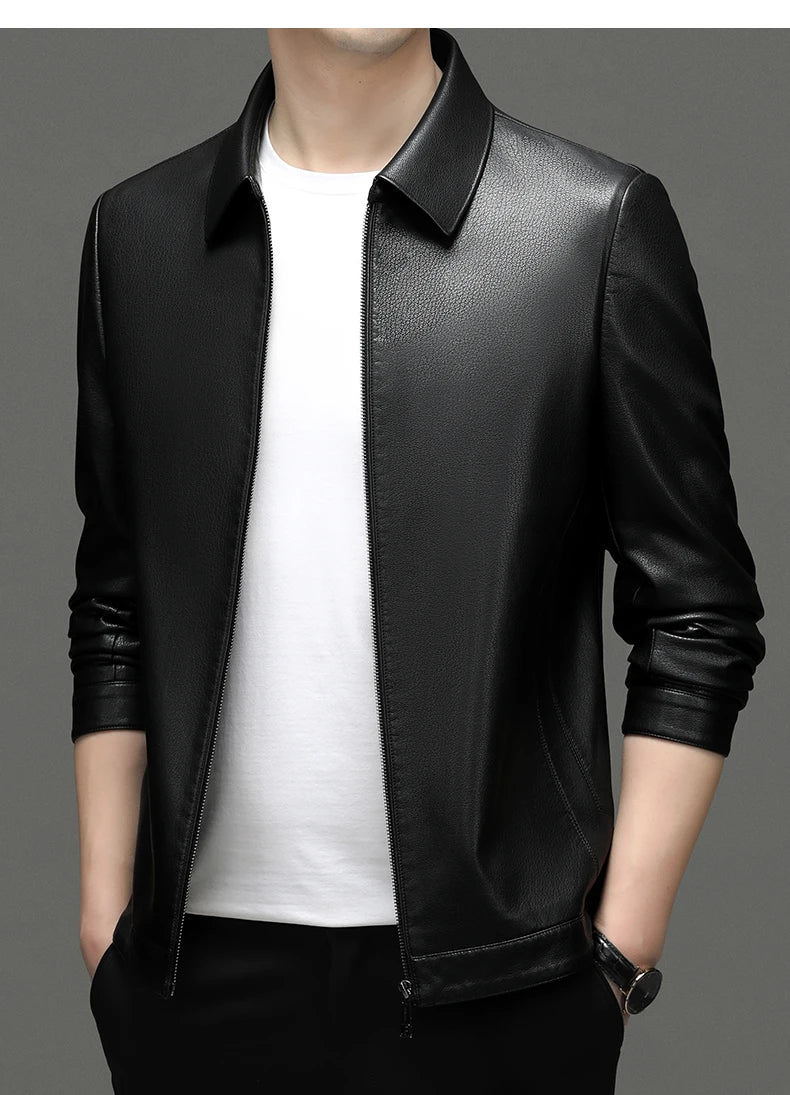 YN-2335 Spring and Autumn Men's Genuine Leather Polo Mock Neck Jacket Fashion Slim Sheepskin Coat Black Grey Husband Gift Youth - Novo Fusion