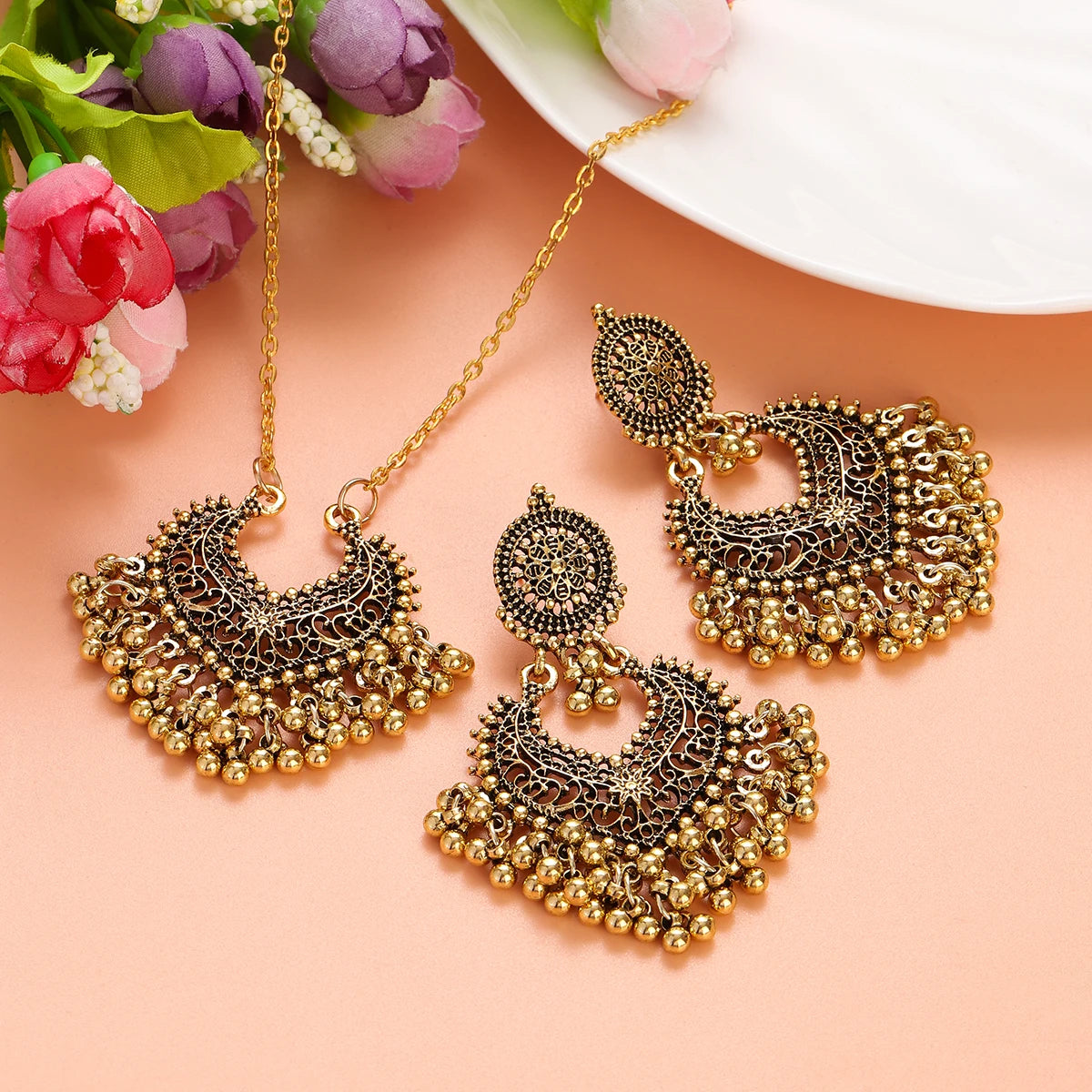 Indian Jewelry Set for Women Bijoux Retro Gold Plated Round Beads Tassel Earring Necklace Sets Ethnic Vintage Wedding Jewelry Novo Fusion - Chic Essentials for Life's Canvas